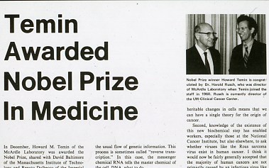 New article titled "Temin Awarded Nobel Prize in Medicine: