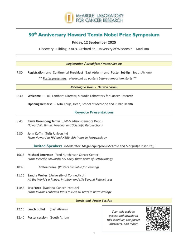 Symposium schedule listing times, speakers, topics, locations, and a QR code for more details. Event is the 50th Anniversary Howard Temin Nobel Prize Symposium, 12 September 2025.