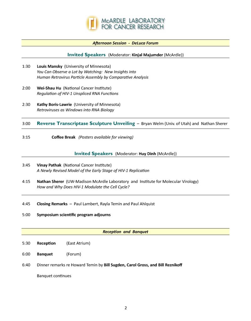Symposium schedule listing times, speakers, topics, locations, and a QR code for more details. Event is the 50th Anniversary Howard Temin Nobel Prize Symposium, 12 September 2025.